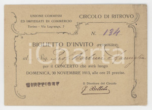 1913 TORINO Circolo dell'Unione commessi e impiegati di commercio - Biglietto