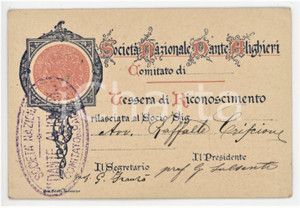 1912 RAGUSA Società Nazionale Dante Alighieri - Tessera 11x7 cm