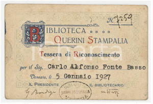 1927 VENEZIA Biblioteca QUERINI - STAMPALIA Tessera Carlo Alfonso FONTE BASSO