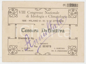 1906 MILANO - VIII Congresso di idrologia e climatologia - Tessera con annullo