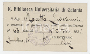 1931 CATANIA Regia Biblioteca Universitaria - Tessera 9x5 cm