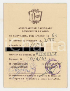 1963 VERCELLI - ANCL Associazione Nazionale Consulenti Lavoro - Tessera 6x8 cm