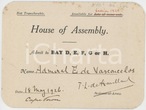 1926 UK - HOUSE OF ASSEMBLY Admission to bay for Admiral E. DE VASCONCELOS Card