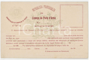 1910 ca REPUBLICA PORTUGUEZA Licenca de porte d'arma 12x7 cm