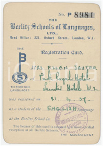 1937 LONDON Berlitz School of languages - Registration card of Ellen SAUTER 7x11