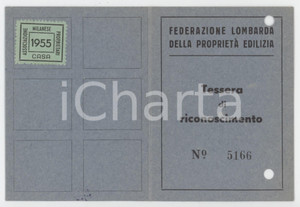 1954 MILANO Fed. Lombarda proprietà edilizia - Tessera Condominio PIAZZA ADIGRAT