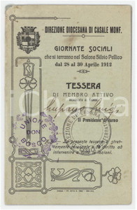 1912 CASALE MONFERRATO Direzione Diocesana - Tessera per le giornate sociali