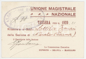 1920 NOCETO Associazione Magistrale Parmense - Tessera Unione Magistrale 10x6 cm