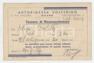 1937 MILANO Autorimessa Solferino - Tessera parcheggio per FIAT 500 - 11x7 cm
