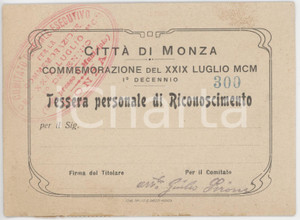 1910 MONZA Commemorazione 29 luglio 1900 Regicidio Umberto I - Tessera 12x9 cm