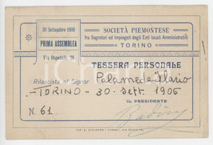 1906 TORINO Società piemontese impiegati enti locali amministrativi - Tessera