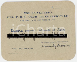 1949 VENEZIA - XXI Congresso PEN Club Internazionale - Tessera 10x8 cm