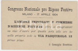 1904 MILANO Congresso pro riposo festivo - Invito per vino d'onore 10x7 cm