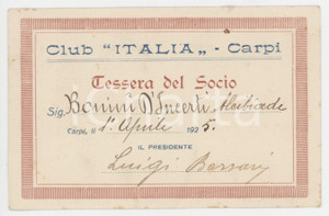 1925 CARPI Club Italia - Tessera di Alcibiade D'INCERTI BONINI 10x7 cm
