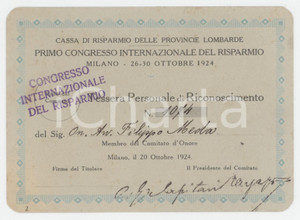 1924 MILANO Primo congresso del risparmio - Tessera di Filippo MEDA 12x9 cm