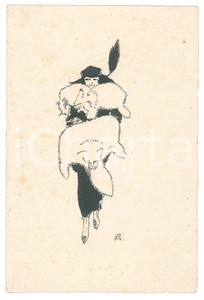 Stampa, bozzetto originale 1930 ca MODA ITALIA Donna con stola in pelliccia  Bozzetto a china 10x15 cm 1