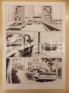 Opera d’arte autentica 1990 ca FUMETTO Luciano BERNASCONI Auto sportiva su ponte Tavola originale LUBE 1