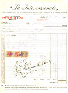 Documento originale, autentico 1926 FOLIGNO Grafiche LA INTERNAZIONALE Concessione PASTORE ADOLFO Fattura 1