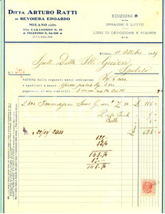 Documento originale, autentico 1929 MILANO Ditta ARTURO RATTI Edizioni religiose Fattura 1