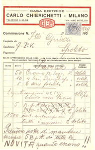 Documento originale, autentico 1929 MILANO Casa editrice CARLO CHIERICHETTI Fattura 1