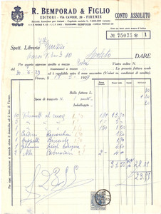 Documento originale, autentico 1929 FIRENZE Editori R. BEMPORAD E FIGLIO Fattura 1