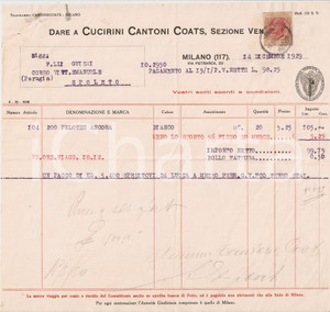 Documento originale, autentico 1929 MILANO Filati CUCIRINI CANTONI Coats Fattura 1