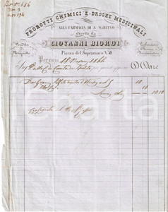 Documento originale, autentico 1864 PERUGIA Farmacia S. Martino GIOVANNI BIORDI Vendita mignatte Fattura 1