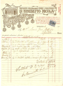 Documento originale, autentico 1921 SPOLETO Calzoleria Civile e Militare DI BENEDETTO NICOLA Pellami Fattura 1