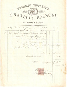 Documento originale, autentico 1894 SPOLETO Premiata Tipografia FRATELLI BASSONI Fattura 1
