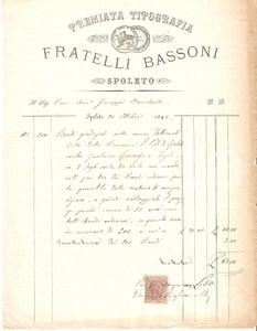 Documento originale, autentico 1894 SPOLETO Premiata Tipografia FRATELLI BASSONI Fattura 1