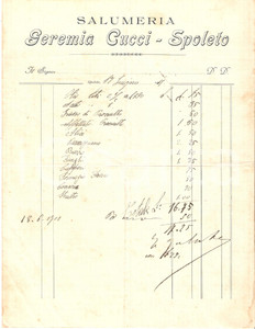Documento originale, autentico 1911 SPOLETO Geremia CUCCI Salumeria Fattura commerciale 1
