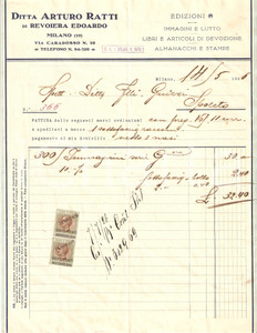 Documento originale, autentico 1926 MILANO Ditta ARTURO RATTI Articoli di DEVOZIONE Fattura 1