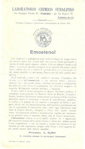 Materiale pubblicitario d’epoca 1915 ca TORINO Laboratorio chimico SUBALPINO Farmaco EMOSTENOL Volantino 1