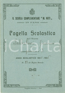 Oggetto da collezione cartaceo 1925 FANO Pagella Scuola Complementare MATTEO NUTI Alunno Sabbatini Giovanni 1