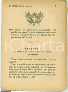 Documento originale, autentico 1888 Regio Decreto Assicurazione infortuni sul lavoro 1