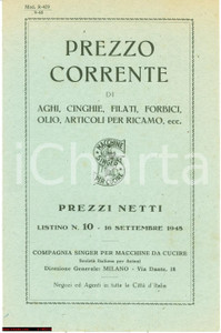 Materiale pubblicitario d’epoca 1948 MILANO Listino prezzi SINGER Macchine per cucire 1