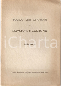 Oggetto da collezione cartaceo 1939 Discorsi Ricordo Onoranze a Salvatore RICCOBONO 1