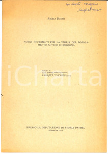Oggetto da collezione cartaceo 1979 Angela DONATI Popolamento antico di BOLOGNA  Invio autografo 1