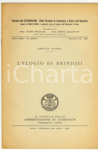Libro, pubblicazione d epoca 1958 PAVIA Emilio GABBA L elogio di BRINDISI 1