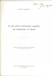 Libro, pubblicazione d epoca 1983 Giovanni MENNELLA Cristianesimo in Liguria AUTOGR. 1