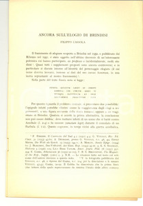 Libro, pubblicazione d epoca 1962 Filippo CASSOLA Ancora sull elogio di BRINDISI 1