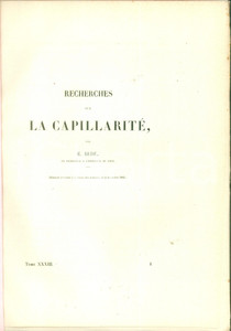 Libro, pubblicazione d epoca 1865 Emile BEDE Recherches sur la capillaritÃ© Pubblicazione 1