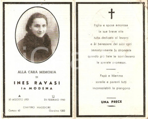 Oggetto da collezione cartaceo 1943 MILANO  CIMITERO MAGGIORE In memoria di Ines RAVASI Santino ILLUSTRATO 1