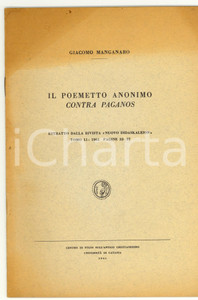 Libro, pubblicazione d epoca 1961 Giacomo MANGANARO Il poemetto CONTRA PAGANOS 1