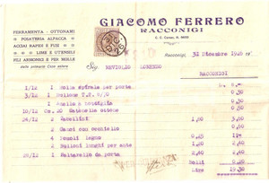 Documento originale, autentico 1926 RACCONIGI CN Giacomo FERRERO Ferramenta Fili armonici e molle FATTURA 1