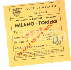 Oggetto da collezione cartaceo 1948 MILANO Biglietto autoservizio RESTELLI  SARONNO 1
