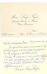 Autografo originale 1957 CAMPO TUREZ BZ Biglietto mons. Luigi FOGAR Autografo 1
