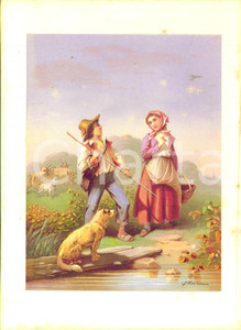 Stampa, bozzetto originale 1910 ca ARTE Scena bucolica tra pastore e contadina Stampa J. MARONN 18x25 1