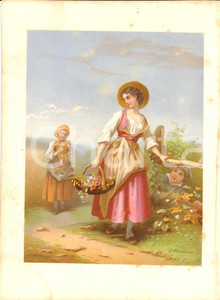 Stampa, bozzetto originale 1910 ca ARTE Giovani contadine seguite da un fanciullo Stampa J. MARONN 18x25 1