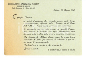 Oggetto da collezione cartaceo 1945 MILANO Inaugurazione Associazione MAZZINIANA Volantino 1